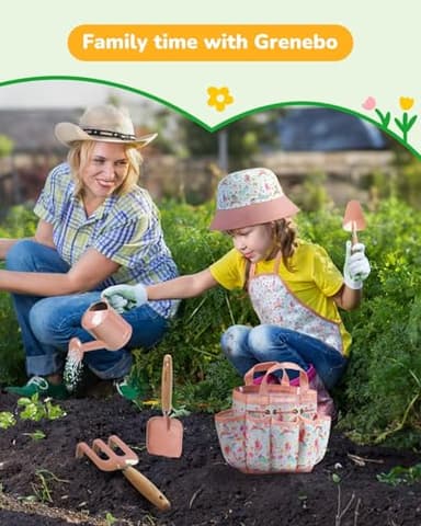 Kids Gardening Set Toys, Quality Garden Tool Kit for Kids and Toddlers, Includes Two Shovels, Garden hat,Rake, Apron,Gloves, Watering Can, and Tool Bag (Pink) - Image 5