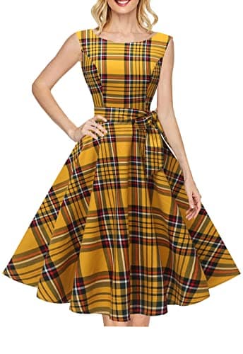 Hanpceirs Women's Boatneck Sleeveless Swing Vintage 1950s Cocktail Dress Gold Plaid XS - Image 1