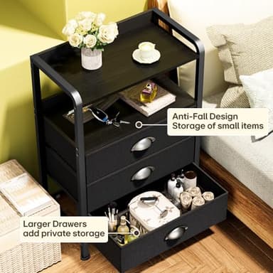 Jixlantuc Night Stand Bedside Table Bedroom Nightstand with Open Shelf Bed Side Table with Fabric Drawers End Table with 3 Drawer Storage Night Stands for Living Room Rustic Brown Black - Image 4