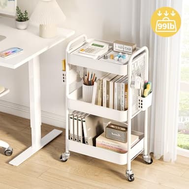 TOOLF 3 Tier Rolling Cart Storage Organizer, Metal Rolling Utility Cart with Wheels, Hooks & Bins Esthetician Craft Art Sturdy Storage with Pegboard for Bathroom, Kitchen, Office, Nursery Diaper - Image 2