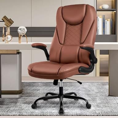 Guessky Big and Tall Office Chair with Flip-Up Arms High Back Desk Leather Office Chair with Lumbar Support, Brown - Image 1