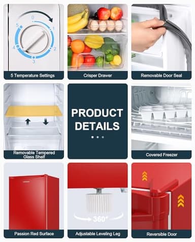 Upstreman 3.2 Cu.Ft Mini Fridge with Freezer, Single Door, Dorm Fridge, Adjustable Thermostat, Refrigerator for Dorm, Office, Bedroom, Red-BR321 - Image 4