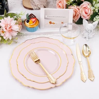 Liacere 350PCS Pink Plates Disposable - Pink and Gold Plates 50guest Baroque Plastic Dinnerware include 100Plates, 50Pack Pre Rolled Napkins with Silverware 50Cups Perfect for Wedding＆Mother's Day - Image 5