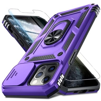 Janmitta Case for iPhone 16e Phone Cover Built in Slide Camera Lens Cover+Screen Protector,Heavy Duty Shockproof Full Body PhoneCase with Finger Ring Holder Kickstand,2025 Purple - Image 1