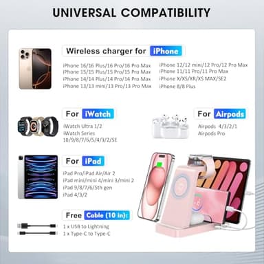 GAUOLN Wireless Charger for iPhone - 5 in 1 Charging Station for Multiple Devices Apple: Fast Wireless Charging Stand Dock for iPhone 16e 16 15 14 13 12 Pro Max Apple Watch (Pink) - Image 3