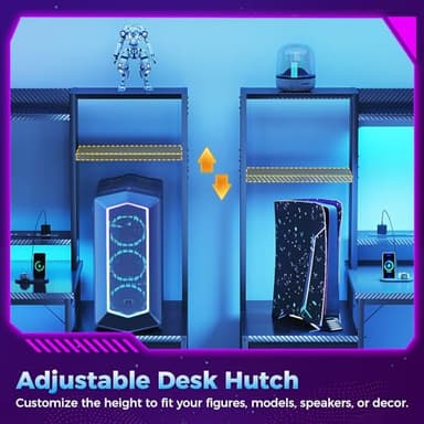 Casaottima 48 Inch Gaming Desk with Hutch & 3 Fabric Drawers, Computer Desk with USB Ports & LED Lights, Reversible Pc Gamer Table with Monitor Stand for Home Office, Carbon Fiber Black - Image 5