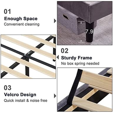VECELO Twin Size Bed Frame, Velvet Upholstered Platform with Adjustable Headboard, Mattress Foundation with Solid Wood Slats, No Box Spring Needed, Easy Assembly - Image 7