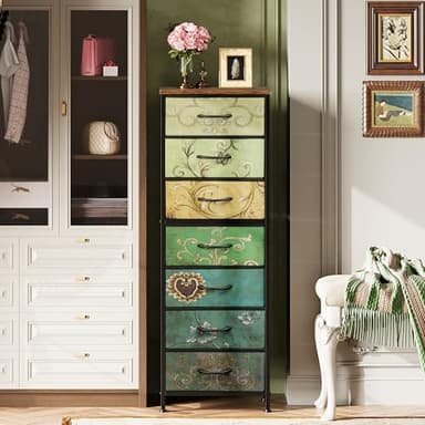 WLIVE Tall Dresser for Bedroom, 7 Drawer Dressers & Chests of Drawers, Fabric Dresser for Closet, Living Room, Night Stand with Metal Frame, Storage Tower with Fabric Bins, Wood Top, Floral Painted - Image 5