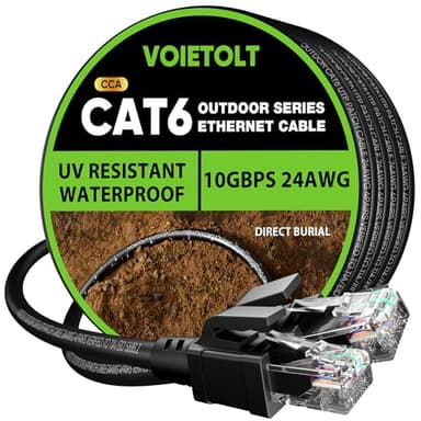 VOIETOLT Cat 6 Outdoor Ethernet Cable 100 ft, 24AWG 10Gbps Cat6 Cable Cord Waterproof Direct Burial LLDPE UV Jacket, Internet Network Cable with 20 Ties Support POE Cat6 Cat5e Cat5, CCA, UTP for PC - Image 1