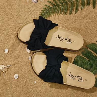 PepStep Slide Sandals for Women or Ladies Dressy Summer Casual, Cute Bow Tie Knot On Top Strap, Comfy Slip On Cork Foot Bed, Flat Low Platform Slides for Beach or Pool(7.5,Black) - Image 7