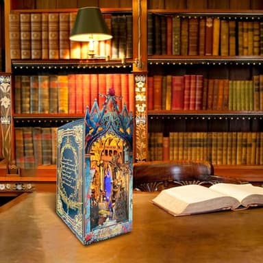 DIY Book Nook Kit,Dollhouse Booknook Bookshelf Insert Decor,3D Wooden Puzzles with LED Dust Cover,Book Nook Miniature Kit,Birthday Halloween Home Decor for Teens Adult-Moonlight Castle - Image 4