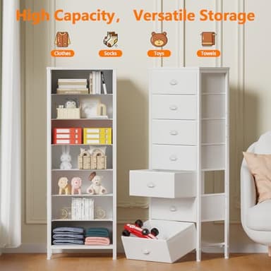 Furnulem White Tall Dresser for Bedroom with 7 Drawers, Vertical Chest of Drawer in Closet, Nightstand Storage Tower Unit Organizer with Fabric Bins for Dorm,Living Room,Entryway,Hallyway - Image 4