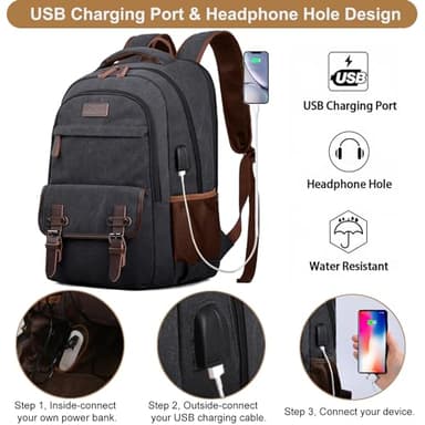 Mactso Canvas Travel Laptop Backpack for Men Women, Business Work Rucksack College Computer Bag Fits 17.3 Inch Notebook,Bookbag with USB Charging Port (Black, 17.3 Inch) - Image 2