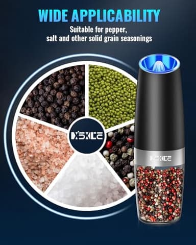 XinXu Gravity Electric Pepper and Salt Grinder Set, Adjustable Coarseness, Battery Powered with LED Light, One Hand Automatic Operation, Black -2 Pack - Image 7