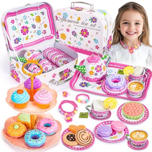 Hohosunlar Kids Tea Party Set for Little Girls, Flower Toy Tin Tea Set with Carry Case, Dessert Play Food Tea Cup Set Teapot Girl Jewelry, Birthday for Girls Kids 3 4 5 6 7 Years Old - Image 1