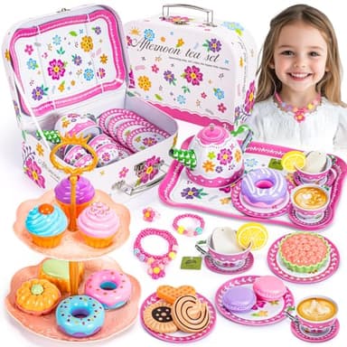 Hohosunlar Kids Tea Party Set for Little Girls, Flower Toy Tin Tea Set with Carry Case, Dessert Play Food Tea Cup Set Teapot Girl Jewelry, Birthday for Girls Kids 3 4 5 6 7 Years Old - Image 1