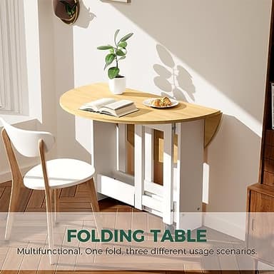 Kasshom Round Drop-Leaf Folding Dining Table, Multifunctional Convertible Dining Room Table for Kitchen/Farmhouse/Living Room, Space Saving Extendable Table with Storage Box and Wheels, Oak - Image 3