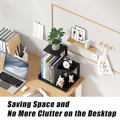 Gannyfer Desk Shelf Organizer - Wood Desktop Shelf, Freestanding Desk Hutch Office Decor, 3 Tier Storage Display Rack, Small Bookshelf with Metal Frame for Books/Plants/Toys (Black) - Image 4