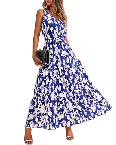 BTFBM Women Summer Dresses Casual Sleeveless Maxi Dresses Cute Floral Long Dress Wedding Guest Dress(Royal Blue Beige Flower,Medium) - Image 1