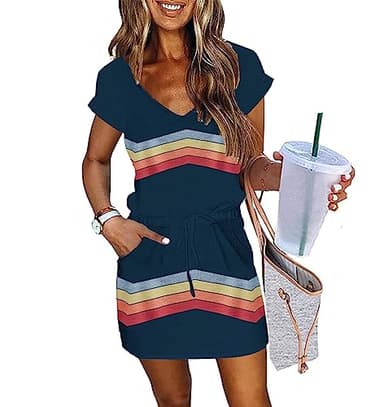 Womens Summer Dress Lantern Sleeve Square Neck Tie Front A-Line Double Layer Hem Mini Dresses