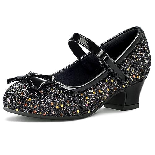 K KomForme Girl's Dress Shoes Mary Jane Glitter 1.5 in Low Heel Wedding Party Princess Shoes for Toddler/Little/Big Kids Black - Image 1