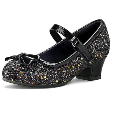K KomForme Girl's Dress Shoes Mary Jane Glitter 1.5 in Low Heel Wedding Party Princess Shoes for Toddler/Little/Big Kids Black - Image 1