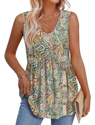 Women's Clothing Plus Size Tops for Women 2025 V Neck Sleeveless Top Vacation Outfits Boho Tops Green Ethnic Floral XL - Image 2