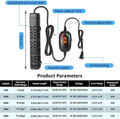 HiTauing Aquarium Heater, 50W/100W/200W/300W/500W Submersible Fish Tank Heater with Over-Temperature Protection and Automatic Power-Off When Leaving Water for Saltwater and Freshwater - Image 7