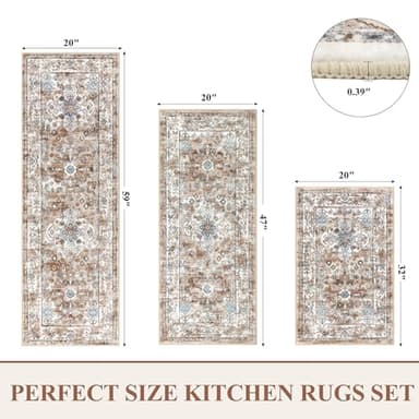 Pauwer Kitchen Rugs Sets of 3 Non Slip Washable Kitchen Mats for Floor Farmhouse Kitchen Floor Mat Runner Rug Boho Kitchen Sink Rug Carpet for Kitchen Hallway Laundry Room, Vintage Cream Tan - Image 2