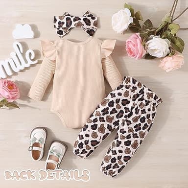 GDTOGRT Baby Girl Clothes Infant Outfits Ruffle Sleeve Romper and Pants with Cute Headband Sets Baby Clothes for Girls 12-18 Months - Apricot - Image 3