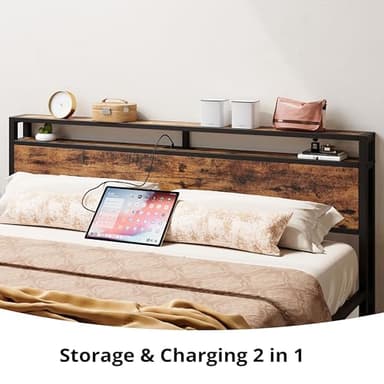 LIKIMIO California King Bed Frame with Storage Headboard, Platform Bed with Drawers and Charging Station, No Box Spring Needed, Easy Assembly, Vintage Brown - Image 3