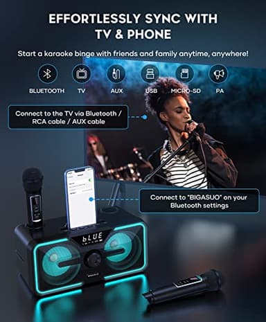 Karaoke Machine for Adults Kids with 2 UHF Wireless Microphones, BIGASUO Portable Bluetooth Singing PA Speaker System with LED Lights for Home Party, Wedding, Church, Picnic, Outdoor/Indoor - Image 2