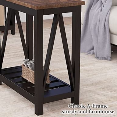 ChooChoo Farmhouse End Table, Rustic Vintage Narrow End Side Table with Storage Shelf for Small Spaces, Nightstand Sofa Table for Living Room, Bedroom Black 2 Pack - Image 8