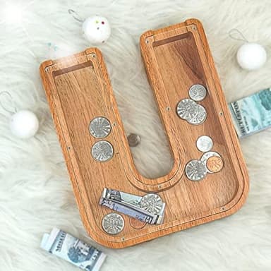 Piggy Bank for Kids Boys Girls, Large Personalized Wooden Letter Piggy Bank with Cut-Out Design, Alphabet Letter Coin Banks, Money Savings Box, Wooden Bank for Kids Creative Gift for Real-Money(U - Image 6