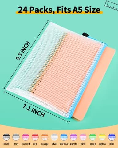 Smarpau A5 Mesh Zipper Pouch, 24 Pack 12 Colors 9.5" x 7.1" Multipurpose Zipper Pouches for Organizing, Waterproof Zipper Mesh Bags Small Zipper Pouch for Travel, Office, Home Storage - Image 2