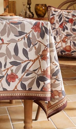 patdrea Designer Brown Tablecloth for Rectangle Tables,Framhouse Linen Pomegranates Leaves Pattern Linen Tablecloth,Fall Fruits Table Cover Cloth Decor for Kitchen Dining Christmas,67"*118" - Image 9