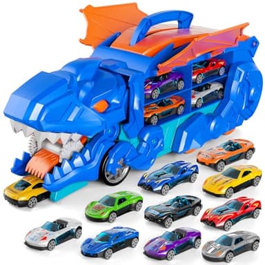 iHaHa Toddler Truck Toys for 3 4 5 6 Years Old Boys, Toys Cars Track Set Dinosaur Transporter Truck with 10 Die-Cast Car Toys, Transforms into Dino, Toddler Car Toys Set for Kids Boys Girls - Image 1