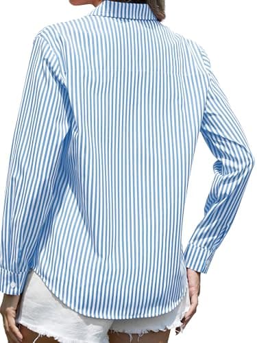 CUNLIN Light Blue Button Down Shirt Women Long Sleeve Blouses for Shirts Striped Womens Tops Blouse Cotton and Fashion Light Blue Size L - Image 2