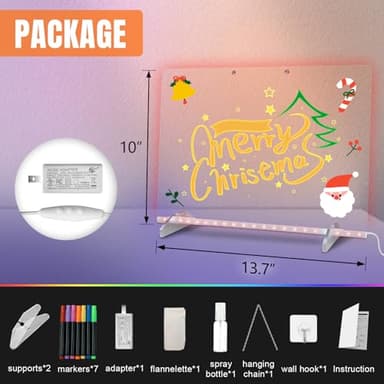 LED Note Board with Colors, 13.7"X10" 4 Modes &7 Colors Acrylic Dry Erase Boards with Light, Include Adapter, Hanging Chain, Led Drawing Board for Kids with Stand,7 Markers, Spray Bottle - Image 2