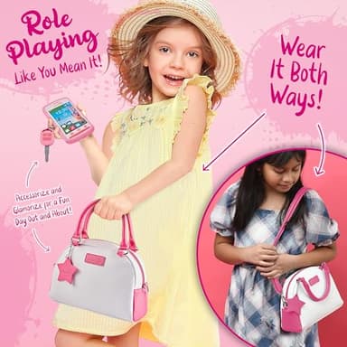 Star Princess Pretend Play Purse Set for Girls - Realistic Purse with Accessories: Toy Phone, Wallet, Credit Cards, Keys, Makeup for Role Playing Toys for Girls Ages 3-8 - Image 3