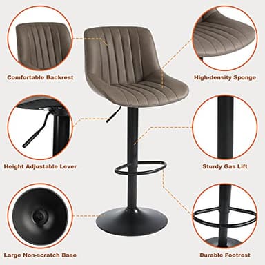 Youhauchair Bar Stools Set of 2, Swivel Counter Height Barstools with Back, Adjustable Faux PU Leather Bar Chairs, Modern Armless Kitchen Island Stool, Brown - Image 5