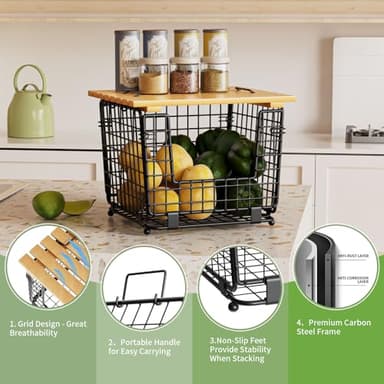 Wire Storage Basket for Kitchen Pantry: GGIU Stackable Kitchen Counter Organizers - Wire Organizing Bin for Produce Vegetable Potato and Onion Black - Image 5