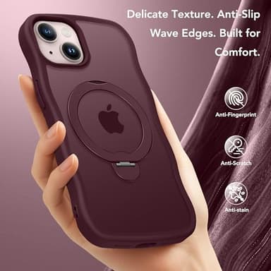 for iPhone 13 Case & iPhone 14 Case for Women,[Compatible with Magsafe][360° Spin Magnetic Stand][Cute Wave Edge][Military-Grade Protection]Translucent Matte Phone case for iPhone 13/14, Burgundy - Image 9