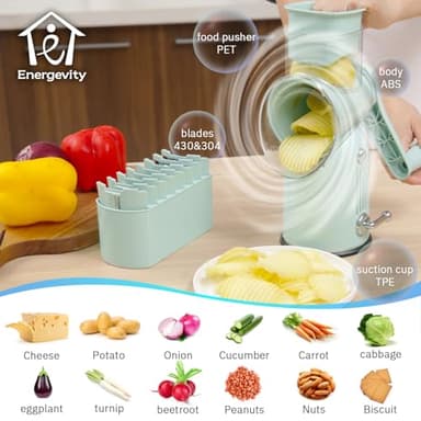 ENERGEVITY Manual Rotary Cheese Grater with Handle, 5 in 1 Replaceable Stainless Blades Cheese Shredder,Strong Suction Base Vegetable Slicer with Cleaning Brush & Bonus Storage Box for Blades (green) - Image 4