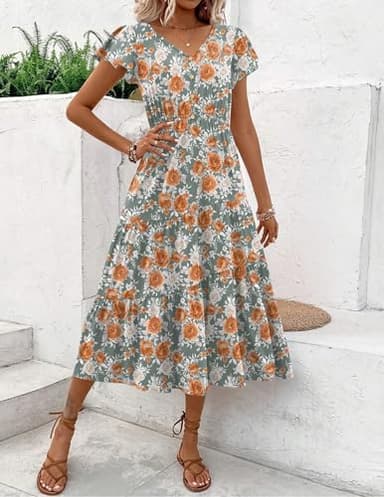 Zeagoo Midi Dresses for Women Floral Print Beach Long Tiered Ruffle Short Sleeve Flowy Dress Blue Orange Flower L - Image 2
