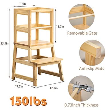 Kitchen Step Stool for Toddlers with Non-Slip Mat, Wood City Wooden Kids Montessori Learning Stool Tower, Toddler Standing Tower Helper for Kitchen Counter and Bathroom Sink. - Image 2