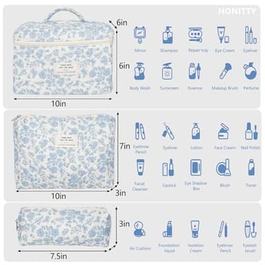 Makeup Bag,Quilted Cosmetic Bag,Large Floral Make Up Bag for Women,Cotton Makeup Bag Set,Flower Travel Toiletry Bag - Image 2