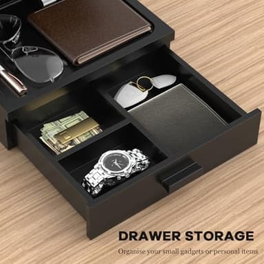 Nightstand Organizer with Charging Station, Wood Docking Station with USB Ports and Outlets, Gifts for Men, Bedside Holder with Drawer for Kindle,Phone,Key, Watch & Accessories (Classic Black) - Image 3