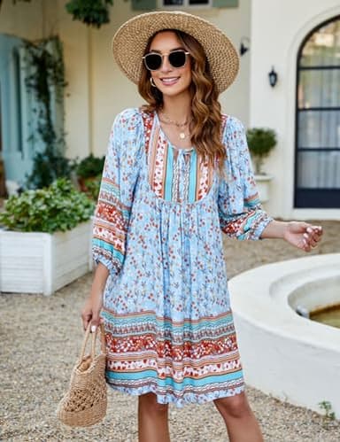 Bluetime Women Casual Summer Dress Boho V Neck 3/4 Sleeve Babydoll Floral Print Flowy Beach Dress (S, Light Blue) - Image 4