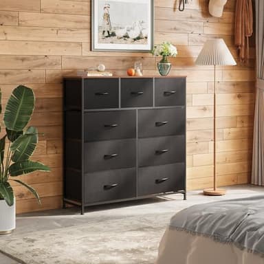 WLIVE 9 Drawer Dresser, Fabric Storage Tower for Bedroom, Hallway, Closet, Tall Chest Organizer Unit for Bedroom with Fabric Bins, Steel Frame, Wood Top, Easy Pull Handle, Black and Rustic Brown - Image 2
